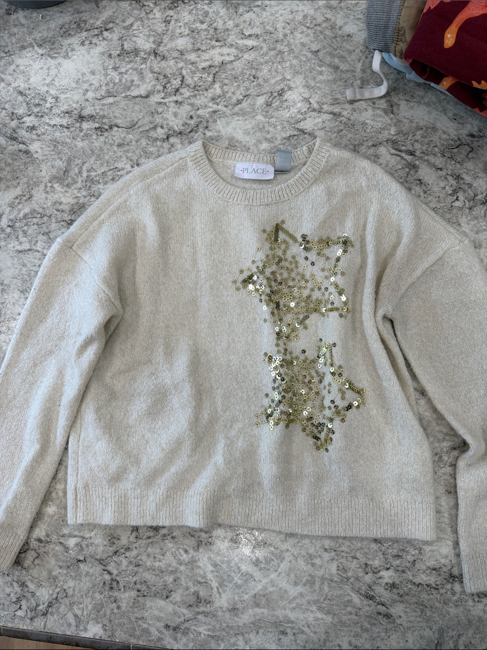 The Children's Place Cream Sweater with Gold Sequin Stars